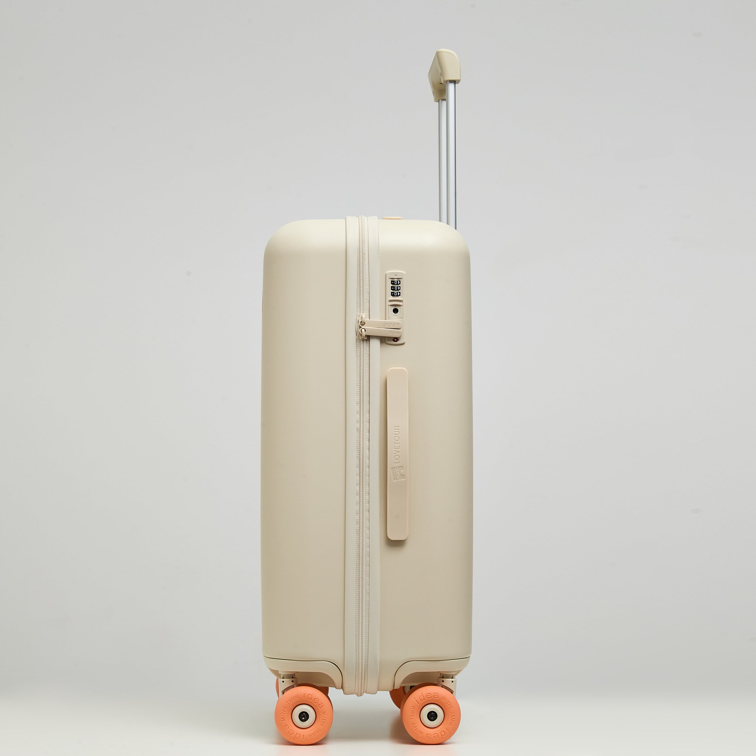 Close-up of Lovetour cream white suitcase side detail showing built-in combination lock, zipper, and brand logo carry handle