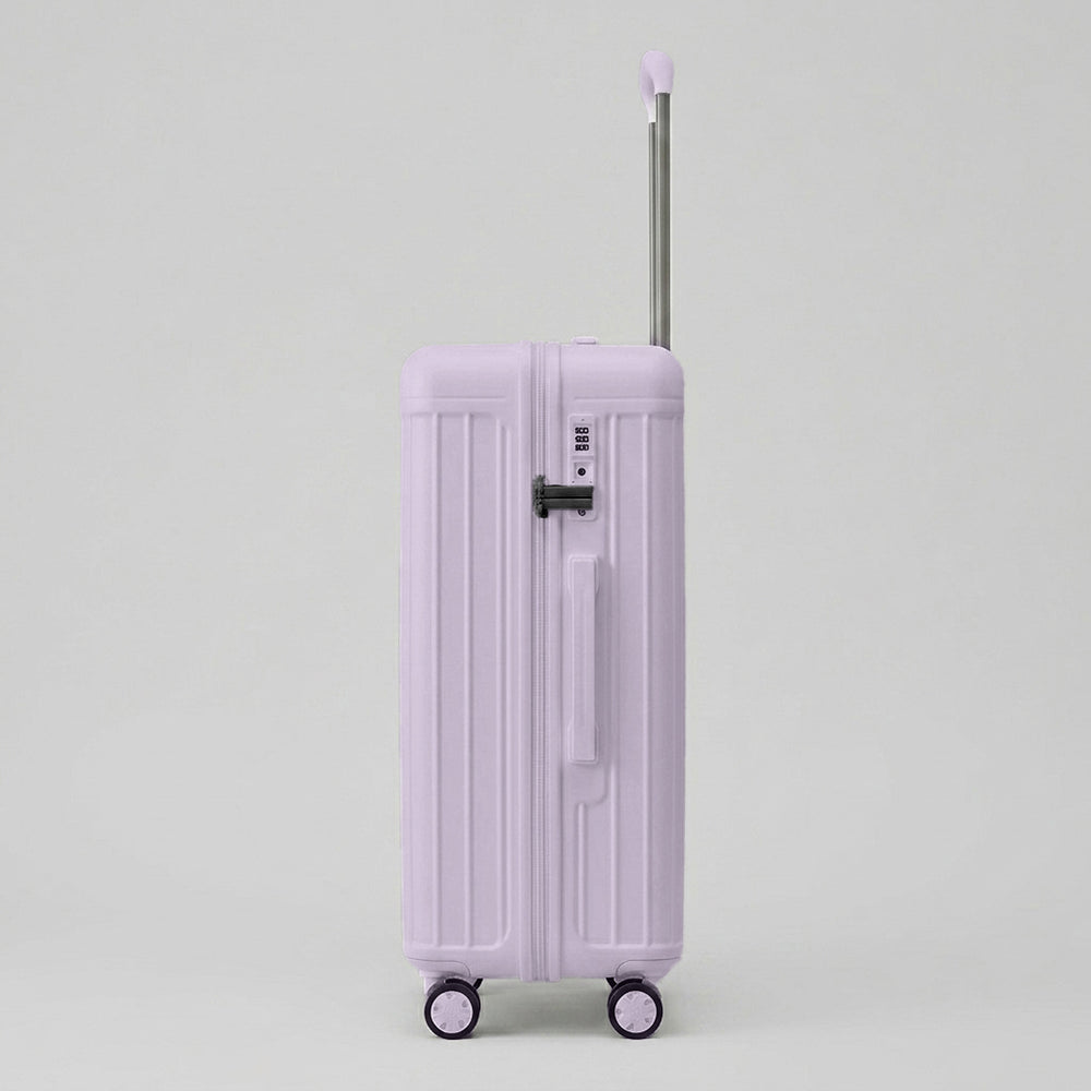 Side view of lavender travel luggage with lock
