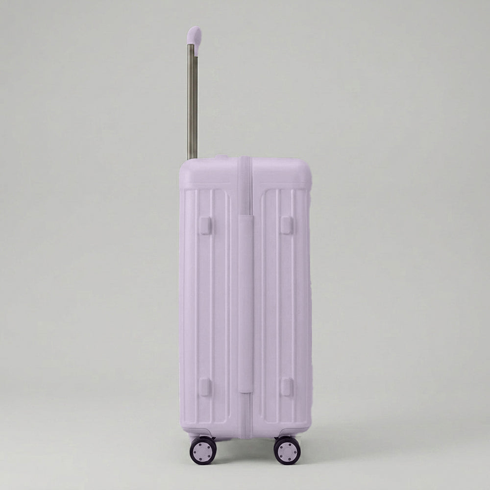 Full side view of lavender rolling suitcase