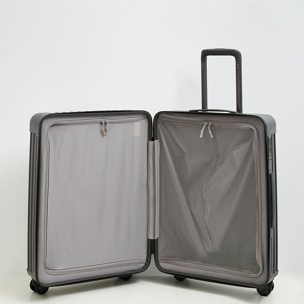 Inside view of Lovetour luggage fully lined interior compartment with divider pad and compression straps