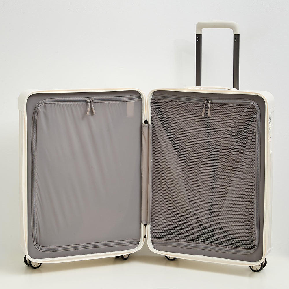 Fully opened interior of the Lovetour off-white hard shell suitcase showing the organized gray dual compartments with mesh dividers