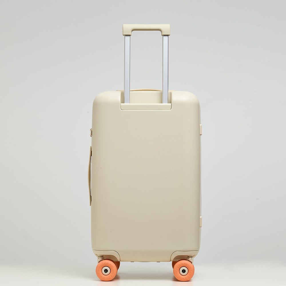 Back view of Lovetour off-white spinner suitcase with extended aluminum trolley handle and coral orange wheels