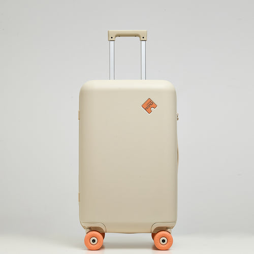 Front view of Lovetour cream white hardshell suitcase featuring coral orange puzzle logo and matching 3" silent donut wheels