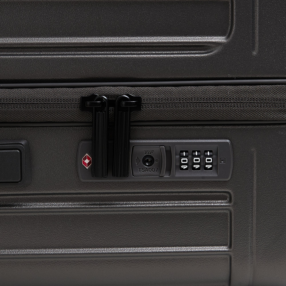 Close-up of Lovetour suitcase TSA007 approved combination lock mechanism in black finish