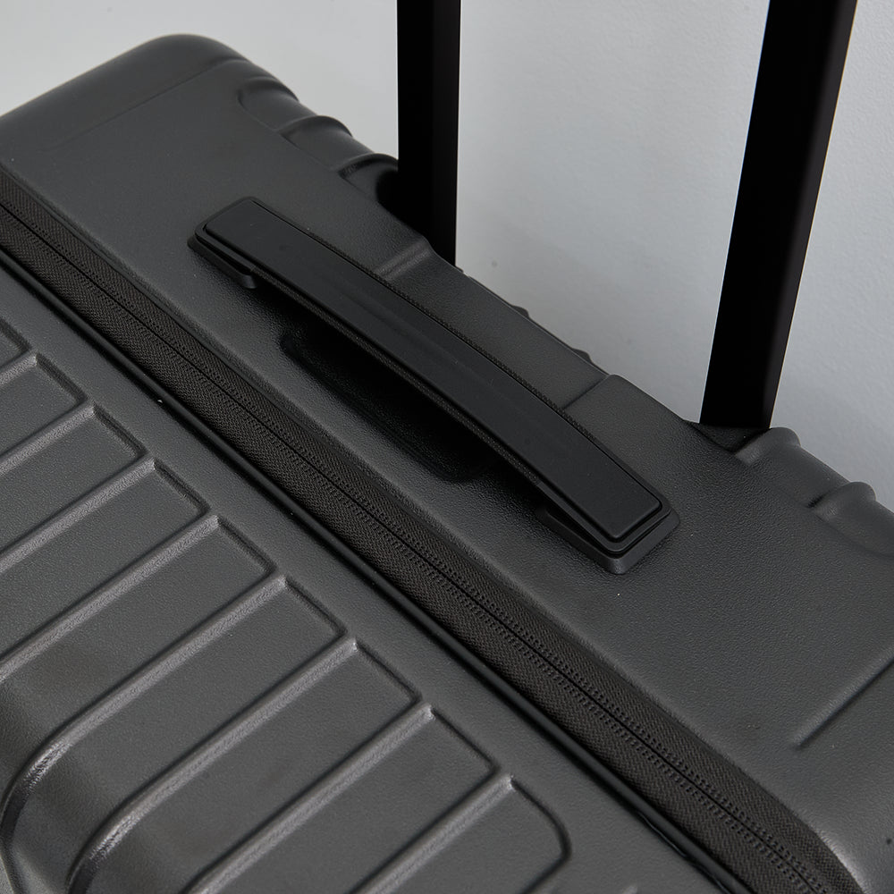 Ergonomic top carry handle and telescopic handle pull button detail on Lovetour carry-on