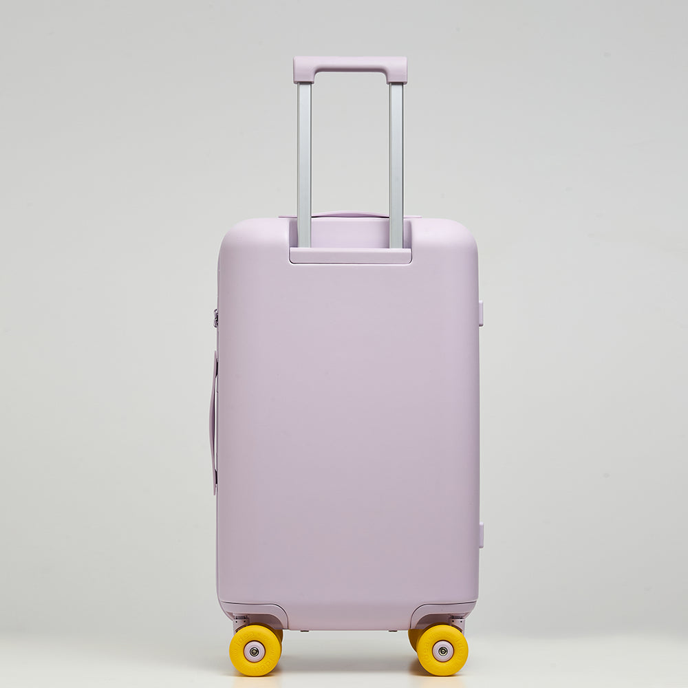 Back view of Lovetour lavender purple spinner suitcase with extended aluminum trolley handle and yellow wheels