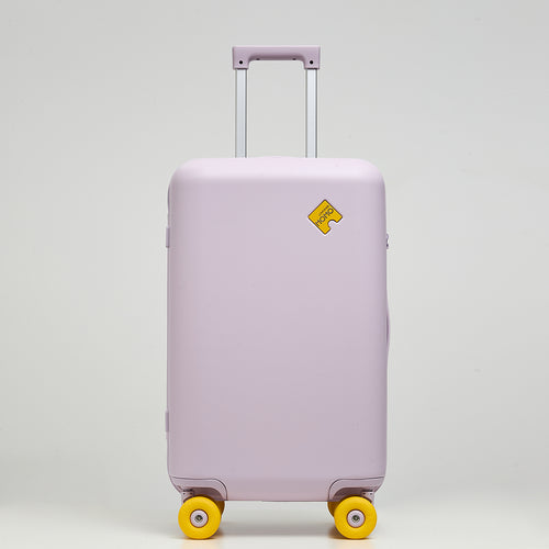 Front view of Lovetour lavender purple hardshell suitcase featuring lemon yellow puzzle logo and matching 3" silent donut wheels