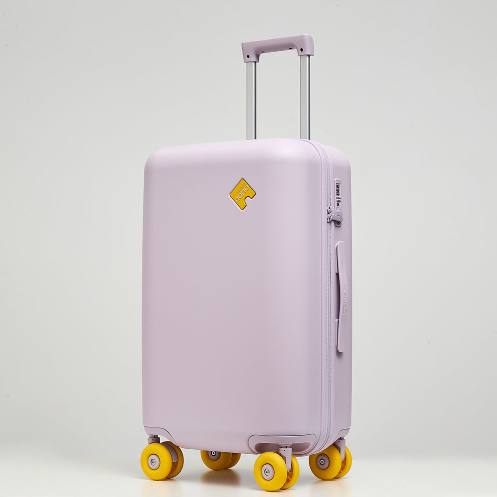 Lovetour lavender purple hardside luggage with contrast lemon yellow 3-inch donut wheels, 45-degree angle view showing TSA lock and side handle