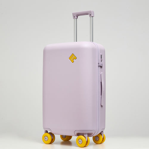 Lovetour lavender purple hardside luggage with contrast lemon yellow 3-inch donut wheels, 45-degree angle view showing TSA lock and side handle
