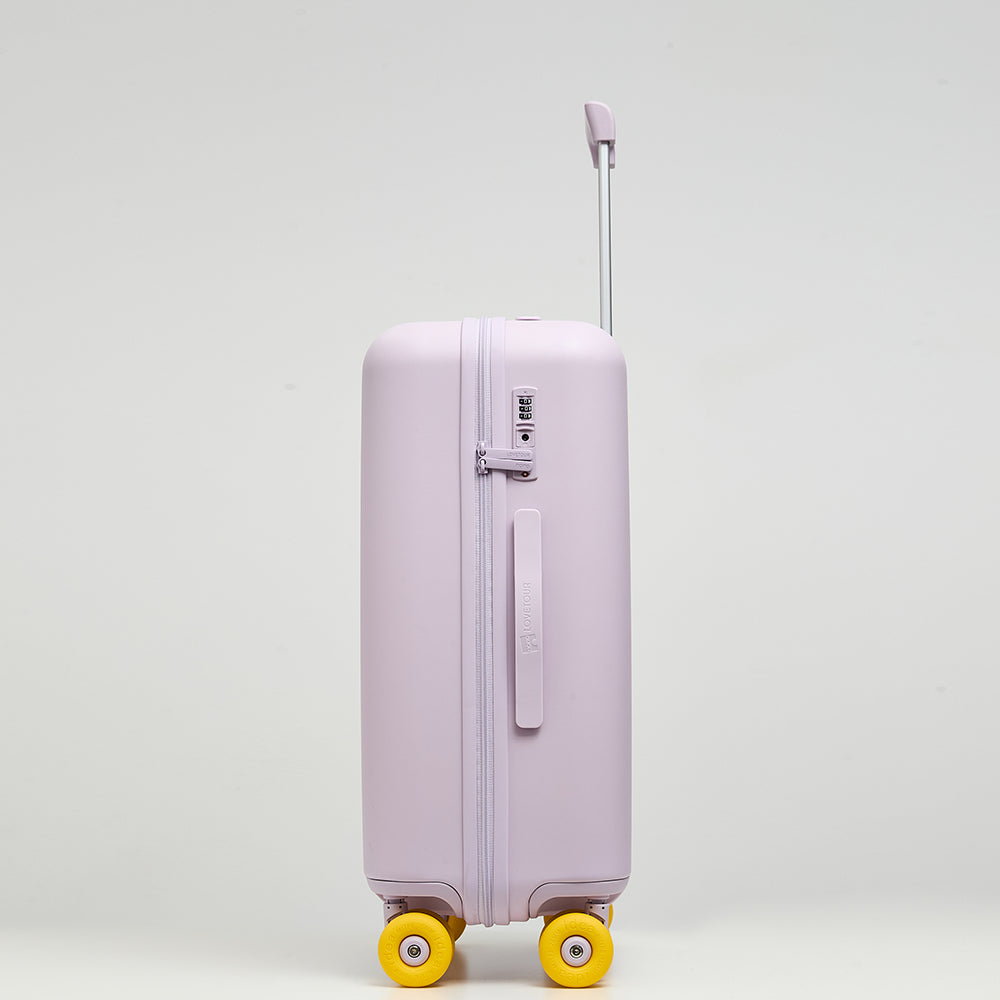 Close-up of Lovetour lavender purple suitcase side detail showing built-in combination lock, zipper, and brand logo carry handle