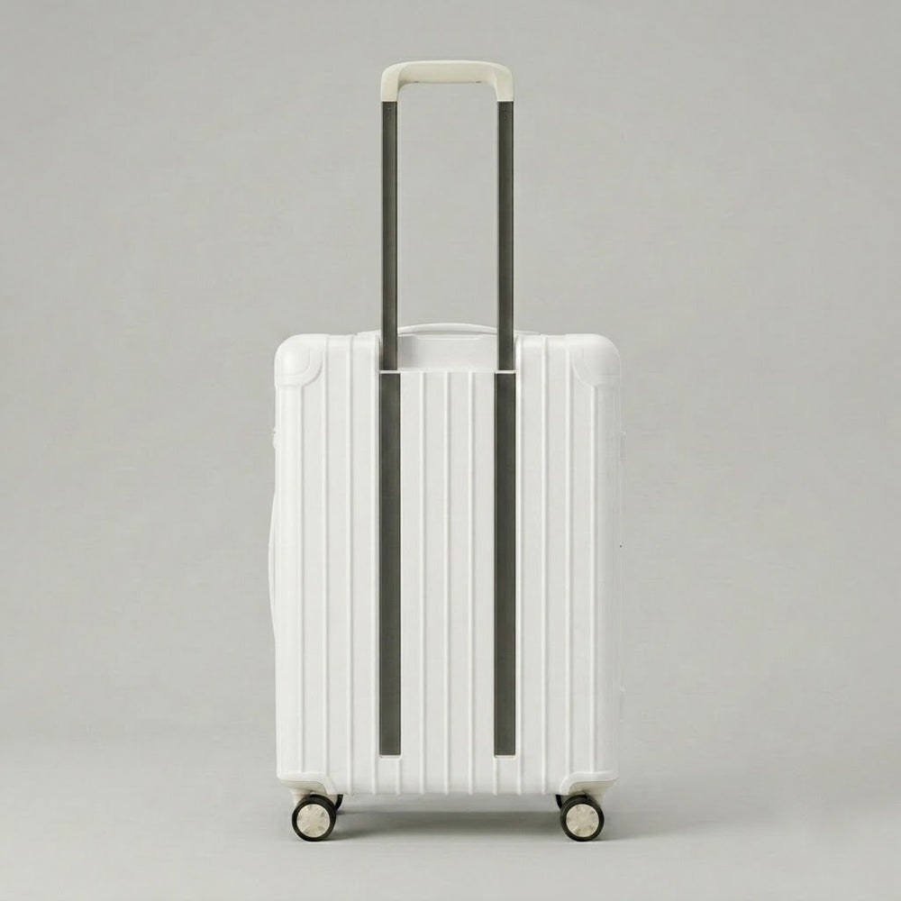 Back view of the Lovetour cream white suitcase showing the adjustable aluminum telescoping trolley handle