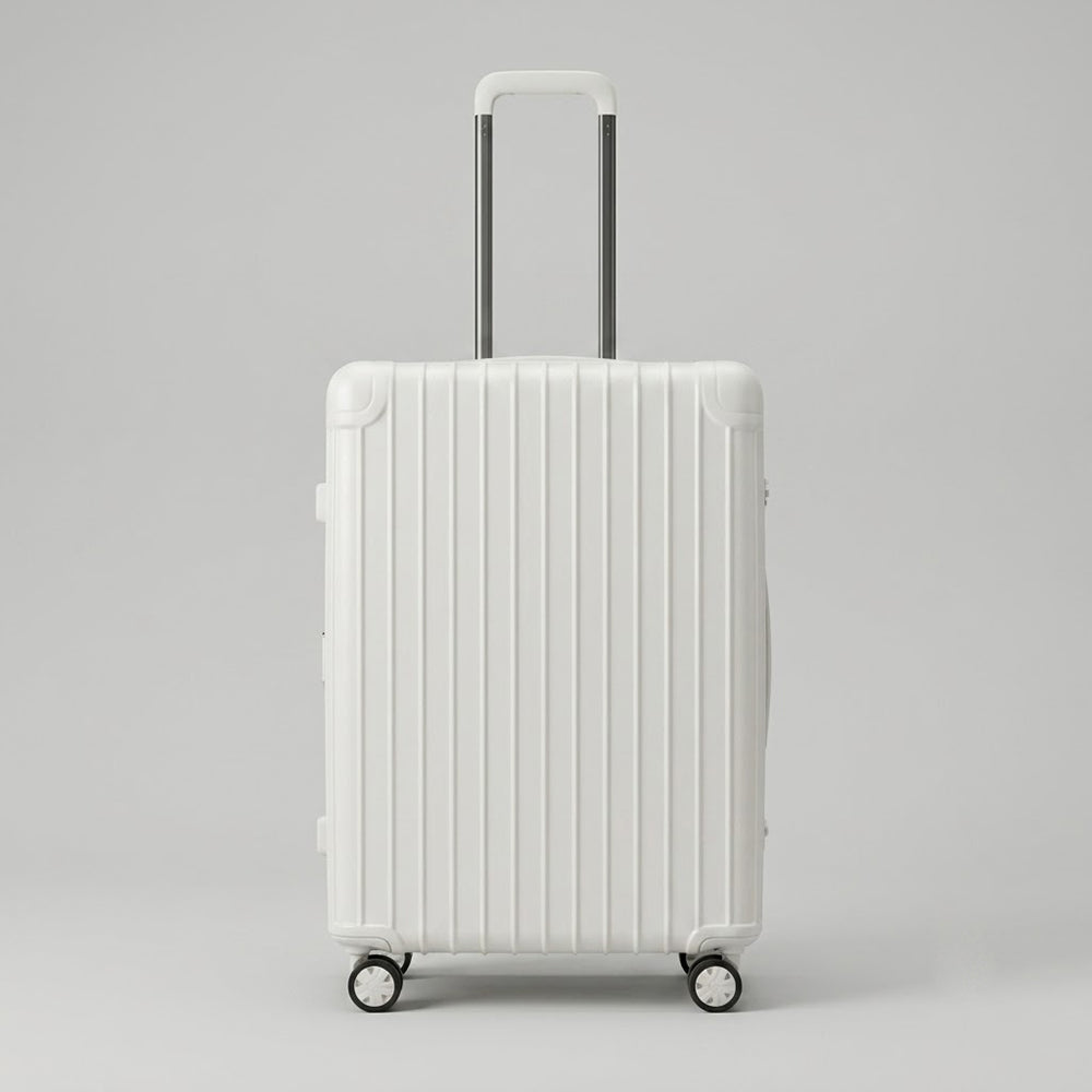 Front view of the Lovetour minimalist off-white hard shell carry-on luggage with vertical stripe design