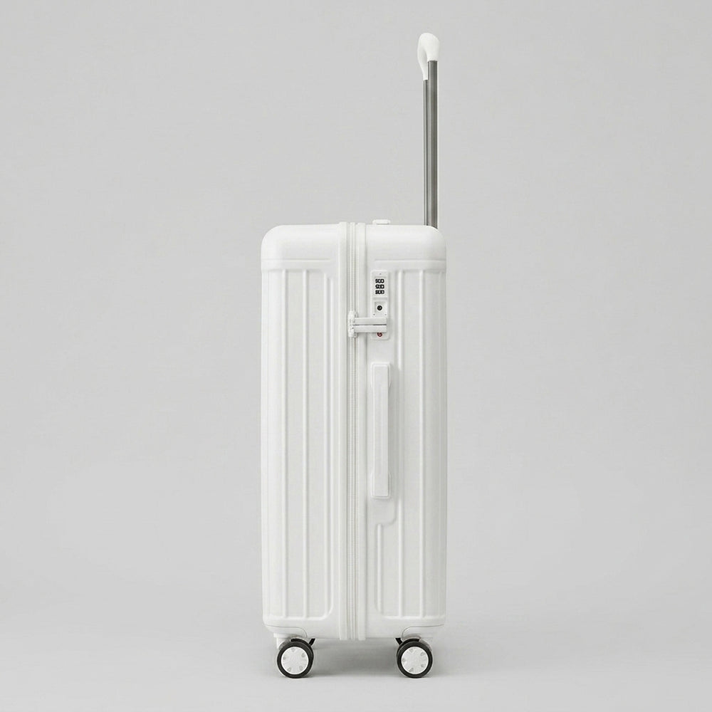 Side profile of the Lovetour off-white travel suitcase featuring the integrated TSA combination lock and side handle