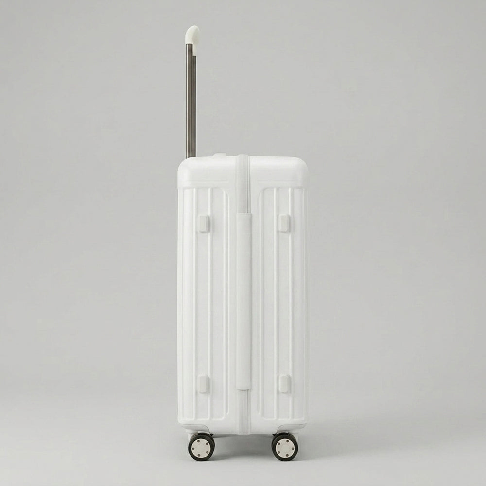 Side view of the Lovetour white hard shell luggage showing the protective side studs to prevent scratches