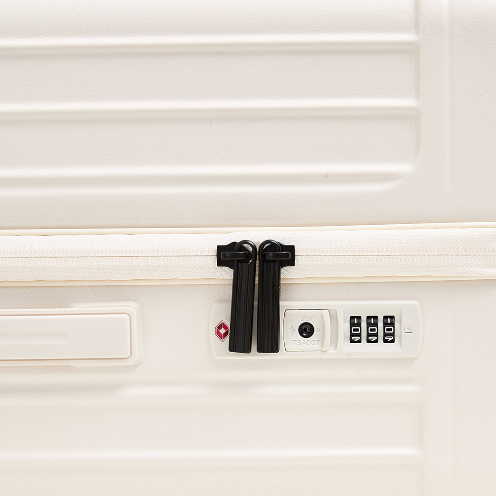 Close-up of the secure TSA007 combination lock and durable dual zippers on the Lovetour white suitcase